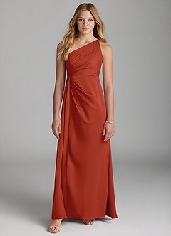 Azazie Mika Junior Robe Trapèze en Satin extensible Plissée Rouille image3