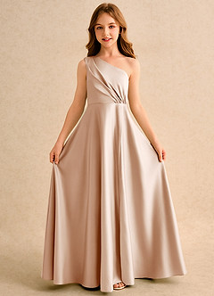 Azazie Puddles Girls Formal vestidos de niña de las flores Vestido de Rosa Inglesa de Satin Mate de Corte en A con Hombro unilateral image5