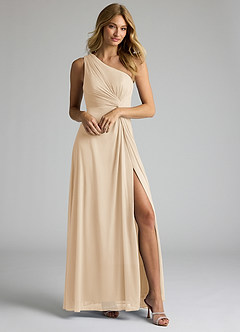 Azazie Brooke Abiti da Damigella Abito A-Line in Maglia Monospalla Champagne image1