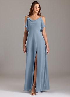 Azazie Darcia At-home Try On Dresses Dusty Blue A-Line Side Slit Chiffon Dress image3