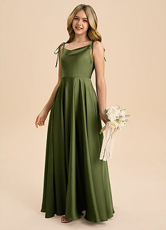 Azazie Popsy Junior Olive A-Line Bow Stretch Satin Dress image7