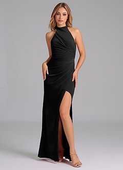 Azazie Jemma Bridesmaid Dresses Black Sheath Pleated Velvet Dress image1