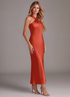 Azazie Doretta Bridesmaid Dresses Rust Mermaid Pleated Stretch Satin Dress image3