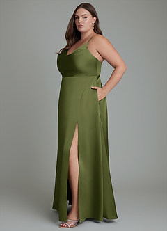 Azazie Sarella Bridesmaid Dresses Olive A-Line Pleated Stretch Satin Dress image12