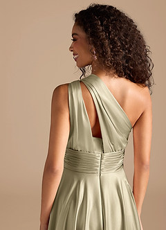 Azazie Charlize Bridesmaid Dresses Moss Green A-Line One Shoulder Metallic Satin Dress image3