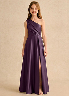 Azazie Puddles Girls Formal Abiti da Ragazza di Fiori Abito A-Line in Raso Elasticizzato Monospalla Prugna image6