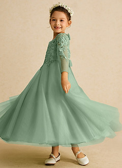 Azazie Precious Flower Girl Dresses Matcha A-Line Lace Tulle Dress image5