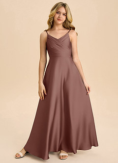 Azazie Bug Junior Espresso A-Line Pleated Stretch Satin Dress image5