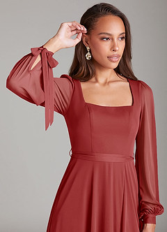 Azazie Leonia Bridesmaid Dresses Rust A-Line Long Sleeve Mesh Dress image5