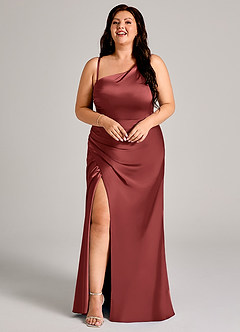 Azazie Madelyn Robes de demoiselle d'honneur Robe Sirène Convertible en Satin extensible Asymétrique Terracotta image14