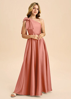 Azazie Penguin Junior Salmon Pink A-Line Bow Stretch Satin Dress image4