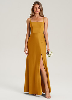 Azazie Lidia Bridesmaid Dresses Butterscotch Mermaid Side Slit Stretch Satin Dress image11