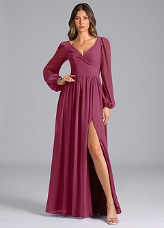 Azazie Zeya Bridesmaid Dresses Mulberry A-Line Long Sleeve Chiffon Dress image1