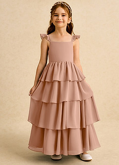 Azazie Boba vestidos de niña de las flores Vestido de Champán Rosado de Gasa de Corte En A con Escote Cuadrado image6