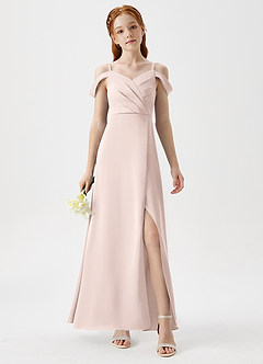 Azazie Ocean Junior Blushing Pink A-Line Off the Shoulder Stretch Satin Dress image4