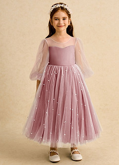 Azazie Trudy vestidos de niña de las flores Vestido de Rosa Antigua de Tul de Corte Princesa con Escote de Corazón image6