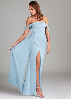 Azazie Amyra Bridesmaid Dresses Sky Blue Sheath Off the Shoulder Chiffon Convertible Dress image2