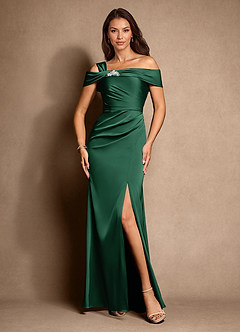 Azazie Altonia Mother of the Bride Dresses Dark Green Mermaid Off the Shoulder Stretch Satin Dress image4
