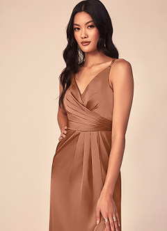 Azazie Aqua Bridesmaid Dresses Bronzer A-Line V-Neck Pleated Stretch Satin Dress image6