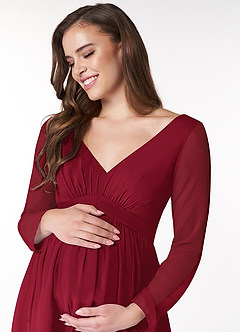 Azazie Teton Maternity Bridesmaid Dresses A-Line Long Sleeve Chiffon Floor-Length Dress image5