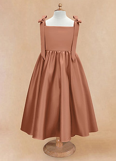 Azazie Chelsie Flower Girl Dresses Bronzer A-Line Bow Matte Satin Dress image5