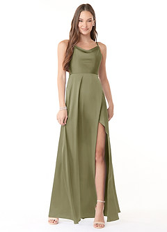 Azazie Naomie Bridesmaid Dresses Pistachio A-Line Cowl Neckline Side Slit Stretch Satin Dress image1