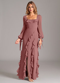 Azazie Malia Bridesmaid Dresses Desert Rose A-Line Long Sleeve Chiffon Dress image1