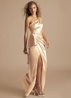 Azazie Maive Bridesmaid Dresses Gold Sheath Ruched Metallic Satin Dress image5