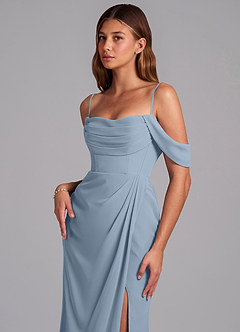Azazie Johana Vestidos de damas de honor Vestido Azul Polvoriento de Gasa de Corte Sirena Convertible con Hombros descubiertos image5