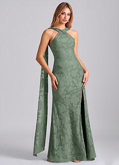 Azazie Kinsley Final Sale Matcha Mermaid Pleated Floral Burnout Dress image4