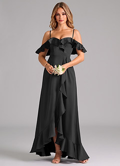 Azazie Lyra Vestidos de damas de honor Vestido de Negro de Satén Elástico de Corte en A Convertible con Vestidos sin tirantes image5