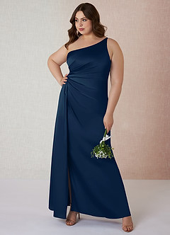 Azazie Mika Bridesmaid Dresses Dark Navy Sheath One Shoulder Stretch Satin Dress image8