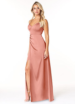Azazie Marchella Bridesmaid Dresses Coral A-Line Corset Stretch Satin Dress image4