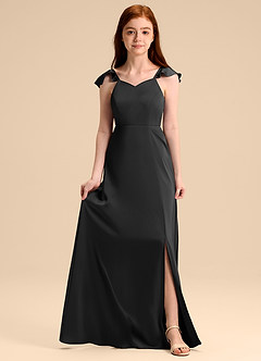 Azazie Everett Junior A-Linie Schleifen Stretch-Satin Kleid Schwarz image1