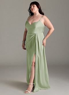Azazie Brielle Robes de demoiselle d'honneur Robe Trapèze en Satin extensible Bretelles spaghetti Vert Sauge image10