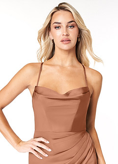 Azazie Marzia Bridesmaid Dresses Bronzer Sheath Cowl Pleated Stretch Satin Dress image6