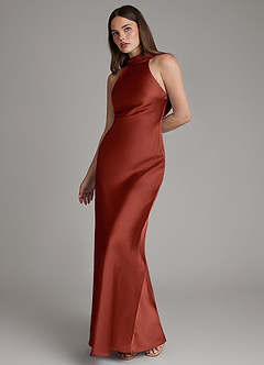 Azazie Dimitra Robes de demoiselle d'honneur Robe Trapèze en Satin extensible Plissée Terracotta image6