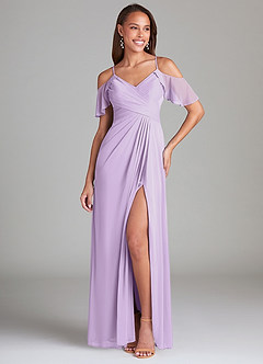 Azazie Dakota Bridesmaid Dresses Lilac A-Line Off the Shoulder Mesh Dress image1