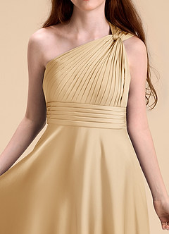 Azazie Charlize Junior Vestido de Oro de Satén Elástico de Corte en A con Plisado image7