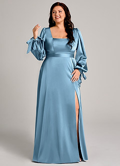 Azazie Leonia Abiti da Damigella Abito A-Line in Raso Elasticizzato Manica Lunga Blu Acciaio image10