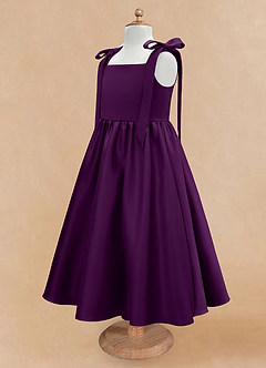 Azazie Chelsie Flower Girl Dresses Grape A-Line Bow Matte Satin Dress image7