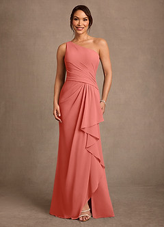 Azazie Floy Mother of the Bride Dresses Salmon Pink Sheath One Shoulder Chiffon Dress image1