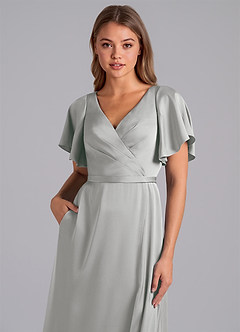 Azazie Ambrosia Bridesmaid Dresses Silver A-Line Pleated Stretch Satin Dress image2