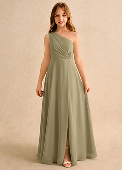 Azazie Puddles Girls Formal Abiti da Ragazza di Fiori Abito A-Line in Chiffon Monospalla Verde Muschio image6