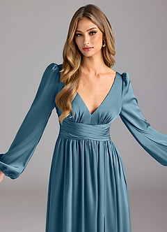 Azazie Norah Brautjungfernkleider A-Linie Stretch-Satin Kleid Bermudablau image5