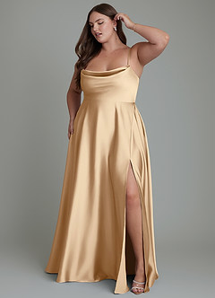 Azazie Elle Bridesmaid Dresses Champagne A-Line Pleated Stretch Satin Dress image11