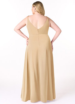 Azazie Dalilah Final Sale Gold A-Line V-Neck Pleated Stretch Satin Dress image7