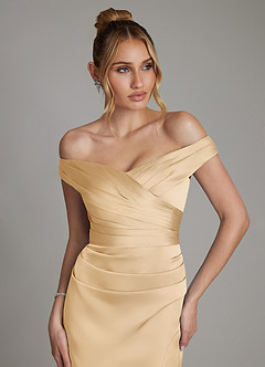 Azazie Teyana Bridesmaid Dresses Gold Sheath Off the Shoulder Stretch Satin Dress image2