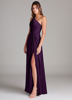 Azazie Brooke Bridesmaid Dresses Grape A-Line One Shoulder Stretch Satin Dress image5