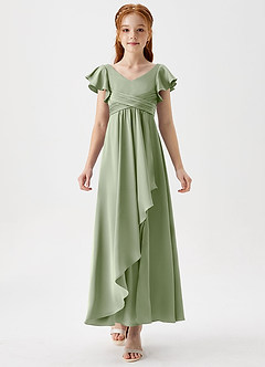 Azazie Omari Junior Vestido de Salvia Polvorienta de Satén Elástico de Corte En A con Plisado image5